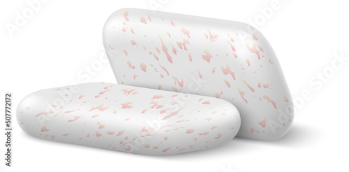 Chewing gum pads. Realistic bubblegum. Refreshing and whitening candies with pellets. Dental hygiene. Teeth care. Sweet or peppermint square pills. Oral freshener. Vector chewy pillows