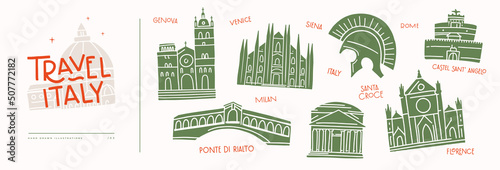 Set of popular symbols of Italy. Decorative images: legionnaire's helmet, Rialto Bridge in Venice, fortress in Rome and cathedrals. Design element for souvenir products. Vector illustration isolated.