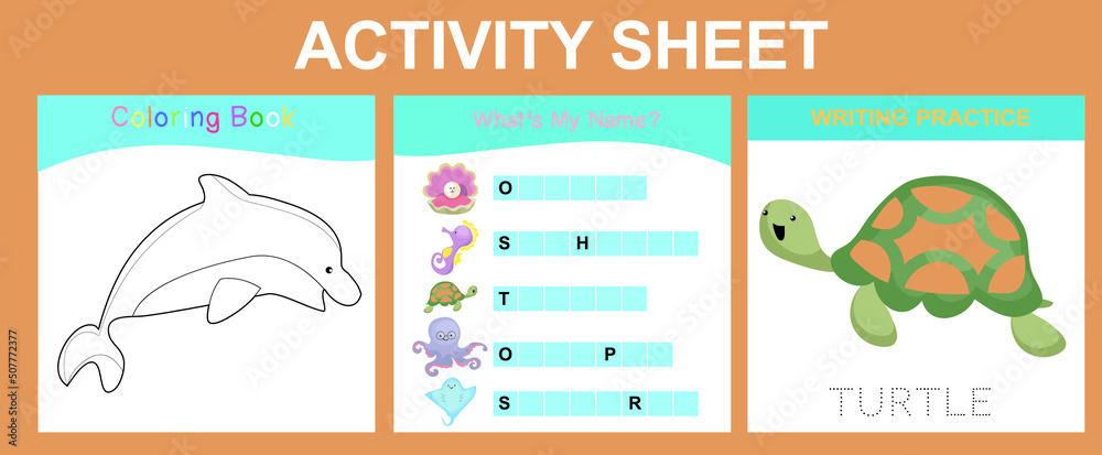 Activity sheet for children. Educational printable worksheet. Sea animal worksheet theme. Motor skills education. Vector illustrations.