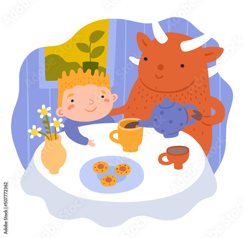 Children dreams. Little dreamer with fictional friend. Cute monster and kid drink tea at table. Imaginary animal. Bizarre creature and happy boy dining together. Vector babies imagination