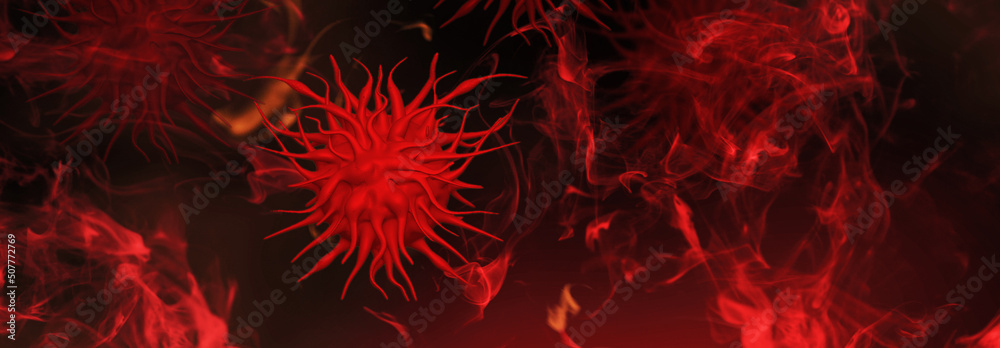 Monkeypox virus cells outbreak wide medical banner. Monkeypox virus cells on dark sciense background. Monkeypox virus cells outbreak wide medical banner. Monkeypox virus cells on dark sciense background.