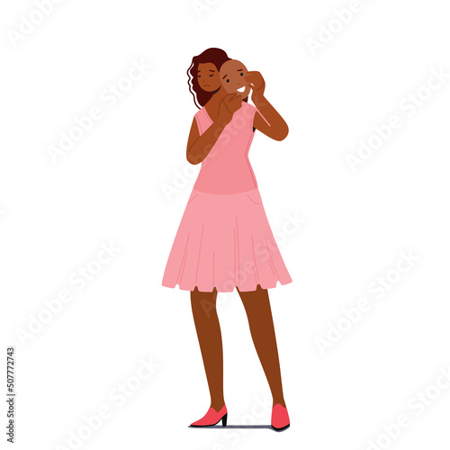 Sad African Woman Hide her Face behind of Smiling Mask. Upset Female Character Psychology Problems, Depression