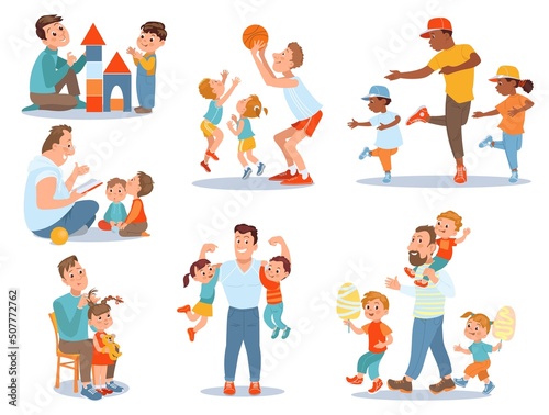 Father with kids. Dad daughter and son spend time together. Boy and girl with parent. Joint weekends. Man playing, walking and reading with children. Vector families leisure scenes set