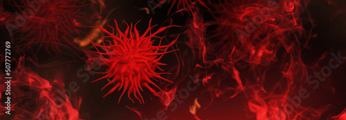 Monkeypox virus cells outbreak wide medical banner. Monkeypox virus cells on dark sciense background. photo