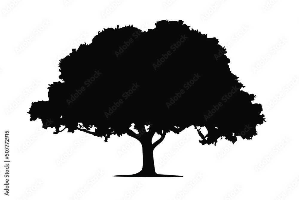 Single big Oak tree and leaves silhouette vector, isolated on white background, nature environment concept, fill with black color tree icon, oak symbol idea, side view, copy space 