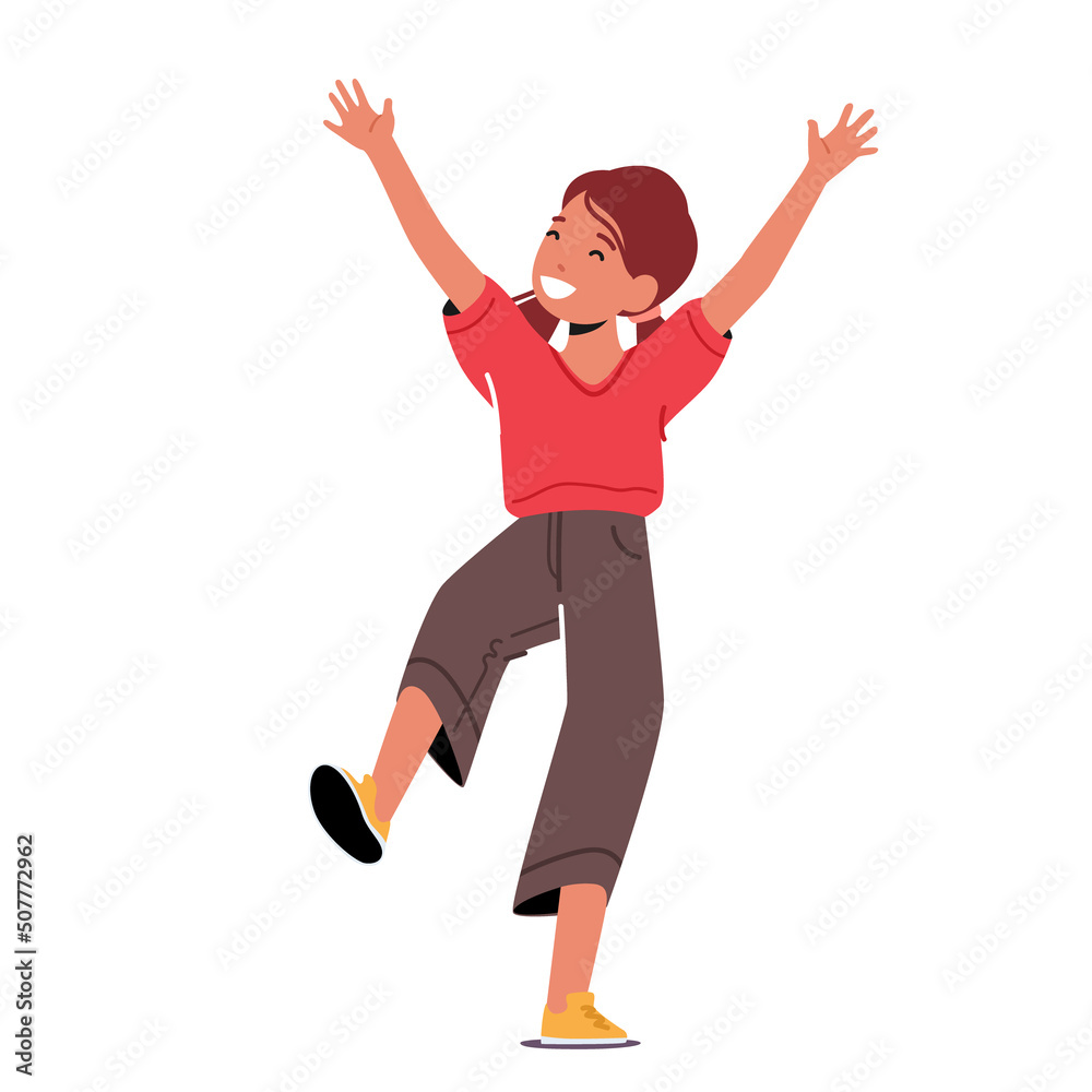 Happy Little Girl Jump with Raised Arms, Kid Emotions of Happiness and Joy, Positive Facial Expression. Child Character Happy Little Girl Jump with Raised Arms, Kid Emotions of Happiness and Joy, Positive Facial Expression. Child Character