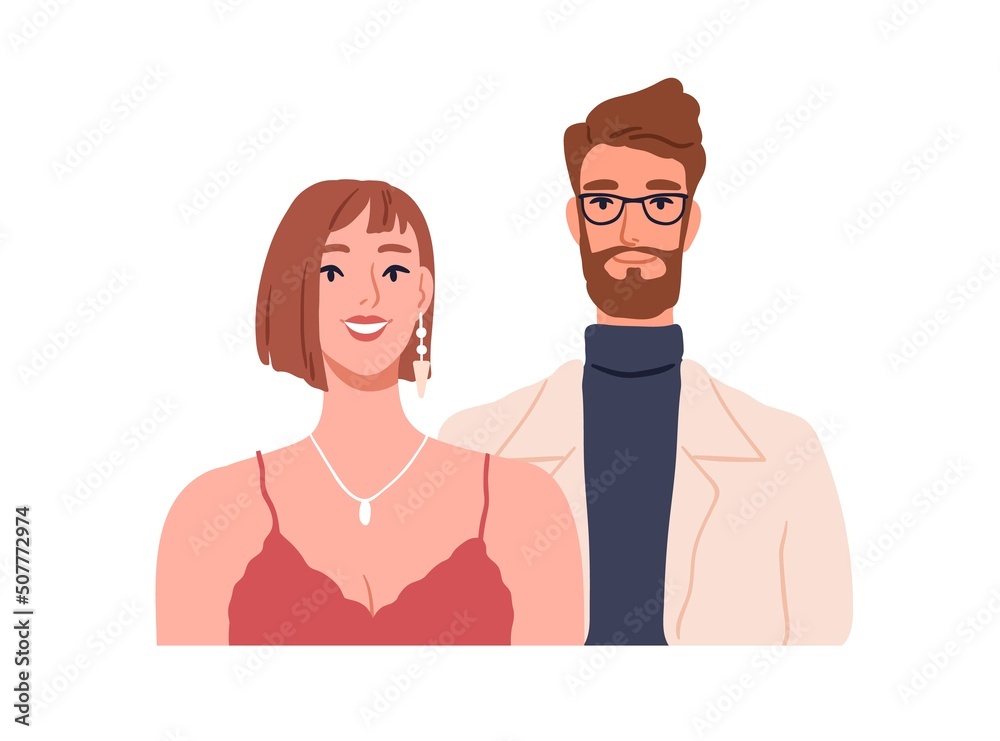 Obraz premium Happy man and woman, face portrait. Love couple of male and female smiling. Husband and wife together. Two romantic cheerful people. Flat graphic vector illustration isolated on white background