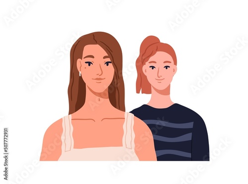Young women love couple portrait. Modern girls friends smiling. Two pretty fe...