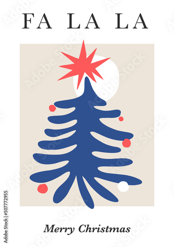 Xmas tree decorated with star top and christmas toys baubles cutout shape vector illustration. Matisse inspired collage Merry Christmas greeting postcard for holiday season gift ideas.