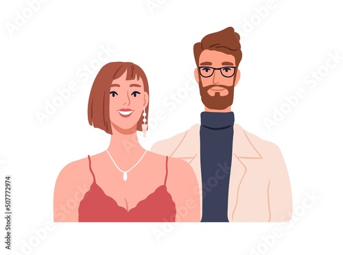 Happy man and woman, face portrait. Love couple of male and female smiling. Husband and wife together. Two romantic cheerful people. Flat graphic vector illustration isolated on white background