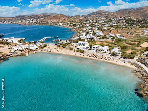 Fototapeta Naklejka Na Ścianę i Meble -  Aerial view of the popular and beautiful Agathopes beach, Syros island, Cyclades, Greece. with fine sand and emerald sea