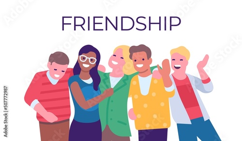 Hugging people together. Team embrace. Smiling men and women. Friends group. Different persons friendship. Students posing. Colleagues cuddle. Girls and guys community. Vector concept