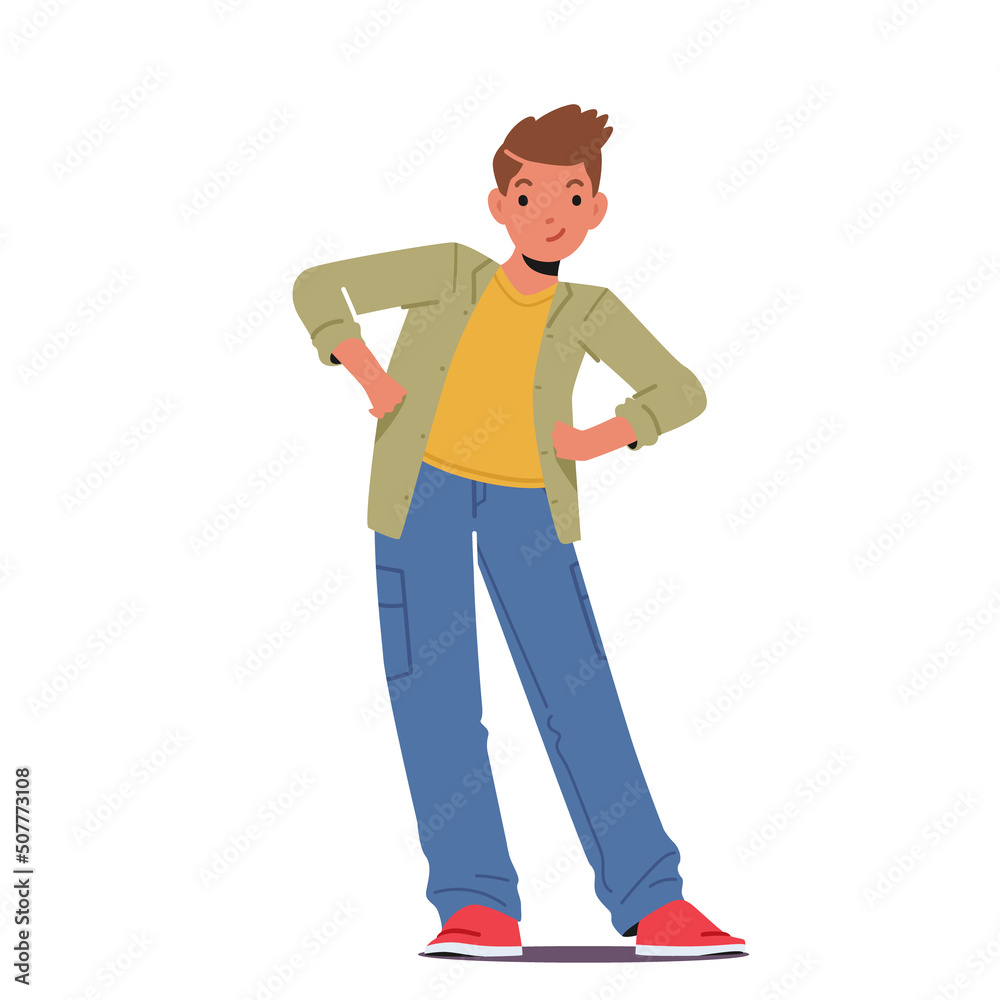 Happy Little Boy Wear Casual Clothes Stand with Arms Akimbo. Self-Confident Child Male Character Smiling. Happy Emotion Happy Little Boy Wear Casual Clothes Stand with Arms Akimbo. Self-Confident Child Male Character Smiling. Happy Emotion