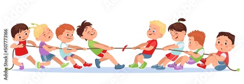 Kids pulling rope. Children teams playing tug of war. Groups sport game competition. Powerful challenge. Friends rivalry. Happy boys and girls fun battle. Strength contest. Vector concept