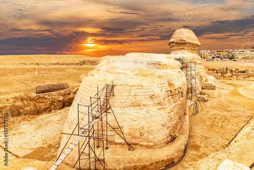 Obraz na płótnie Beautiful sunset view on the back sight of the Great Sphinx and the buildings of Giza, Egypt w salonie