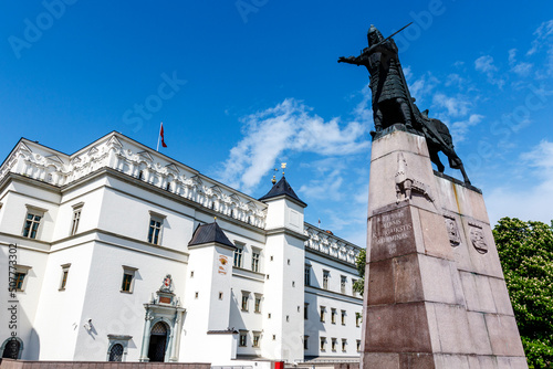 Monument to Grand Duke Gediminas and the Palace of the Grand Dukes of Lithuania in Vilnius, Lithuania, Europe photo