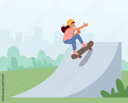 Child Skateboarding Hobby. Kid Female Skateboard Character Perform Stunts in Rollerdrome.Little Girl Skating and Jumping