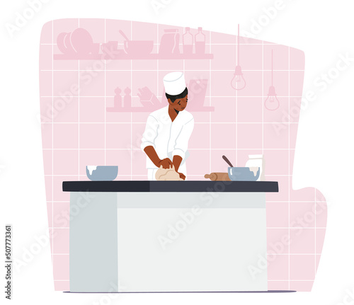 Professional Cooking Concept. Concentrated Man Chef in White Uniform and Toque Cook Bakery, Kneading Dough