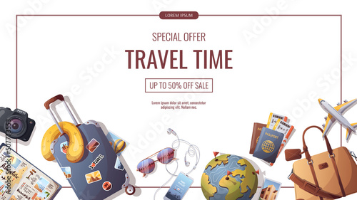 Banner for travel, tourism, adventure, journey. Suitcase, airplane and globe, camera, travel bag, passport and tickets. Vector illustration, flyer, cover, banner template.