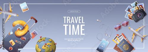 Banner for travel, tourism, adventure, journey. Suitcase, airplane and globe, camera, travel bag, passport and tickets. Vector illustration, flyer, cover, banner template.