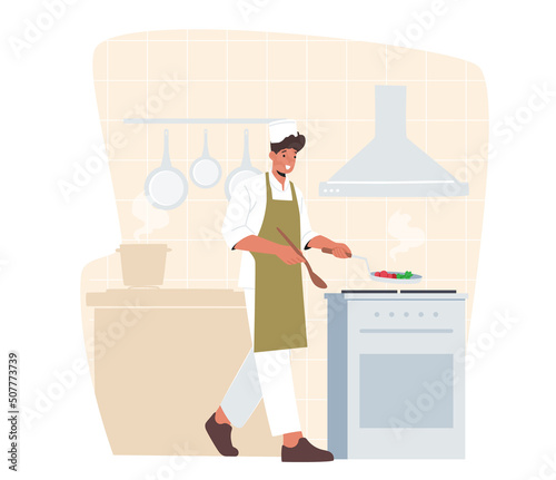 Young Handsome Man Cooking on Kitchen at Home or Restaurant. Happy Male Character in Uniform and Toque Holding Pan