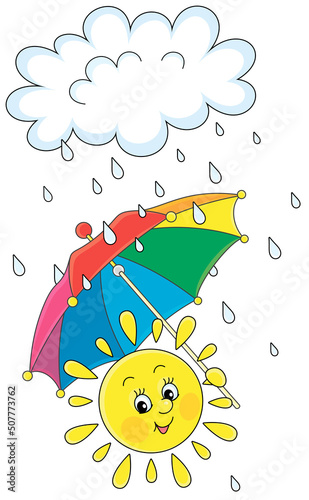 Cute little yellow sun hiding from a rain cloud under a colorful toy umbrella, vector cartoon illustration isolated on a white background