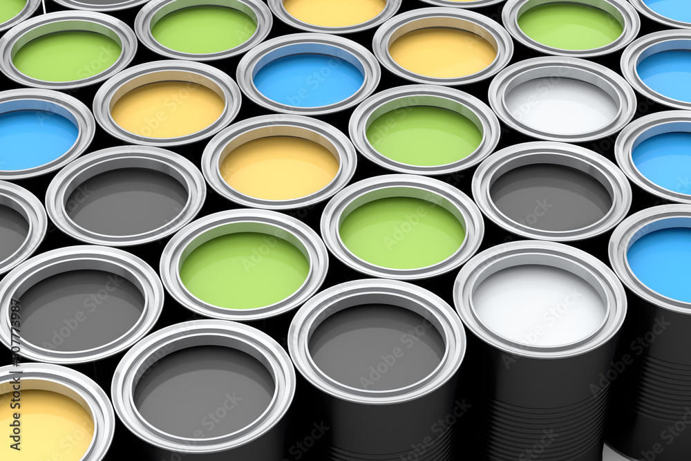 Set of open metal can or buckets of paint in row pattern on white background. Set of open metal can or buckets of paint in row pattern on white background.