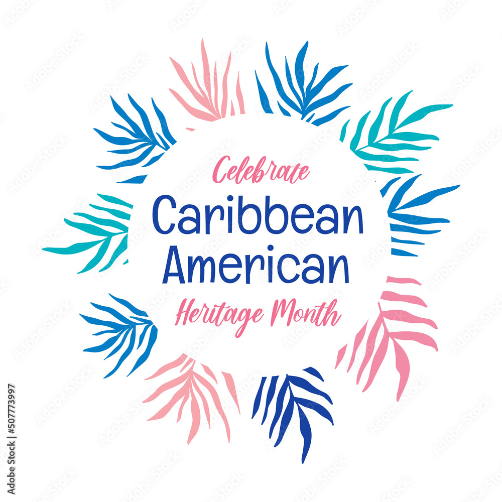 Caribbean American Heritage month - celebration in USA. Bright colorful summer banner template design, round frame with palm leaves foliage silhouette