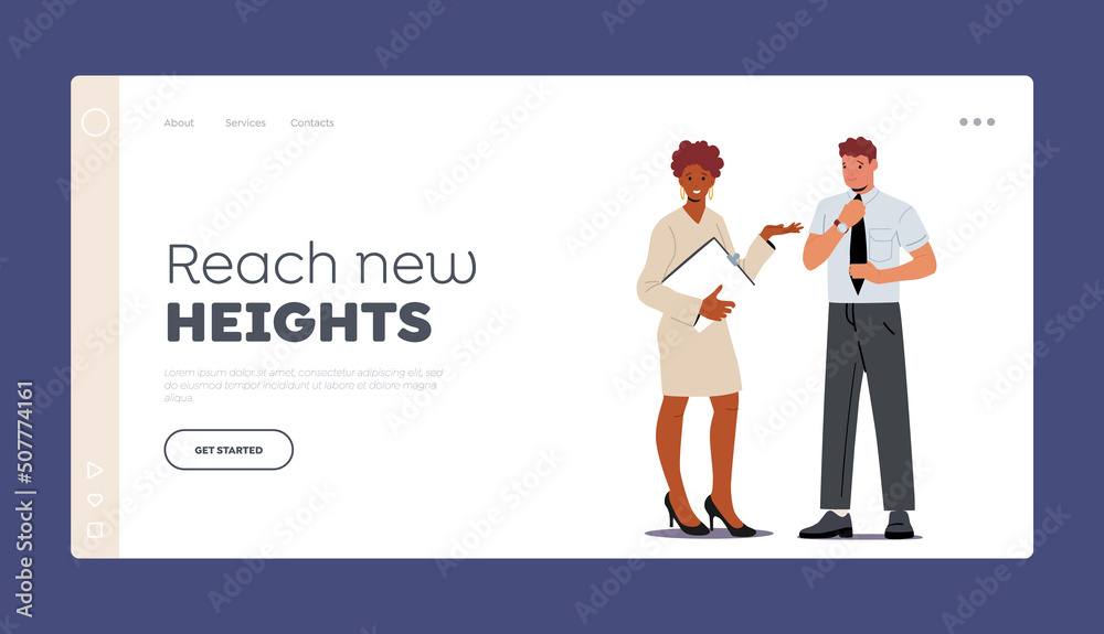 Obraz premium Office Employees, Workers Landing Page Template. Business Characters Man and Woman Wear Formal Suits Communicate