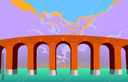 The illustration of a big road bridge across a broad river with the huge cumulus clouds in the background. Cartoon style. Vector Background.