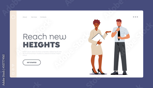 Office Employees, Workers Landing Page Template. Business Characters Man and Woman Wear Formal Suits Communicate