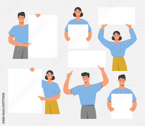 Collection of people holding and showing on a white blank board, poster, banner. Business presentation, sale offer or advertising concept. Flat vector illustration.