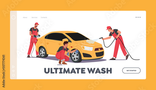 Cleaning Company Employees Work Landing Page Template. Car Wash Service Concept. Men Workers Characters