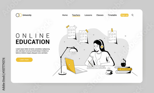 Online education concept for landing page. Girl study online at computer. Vector illustration for landing page and web templates.