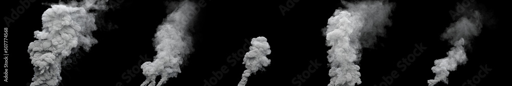 5 grey defilement smoke columns from power station on black, isolated - industrial 3D illustration 5 grey defilement smoke columns from power station on black, isolated - industrial 3D illustration