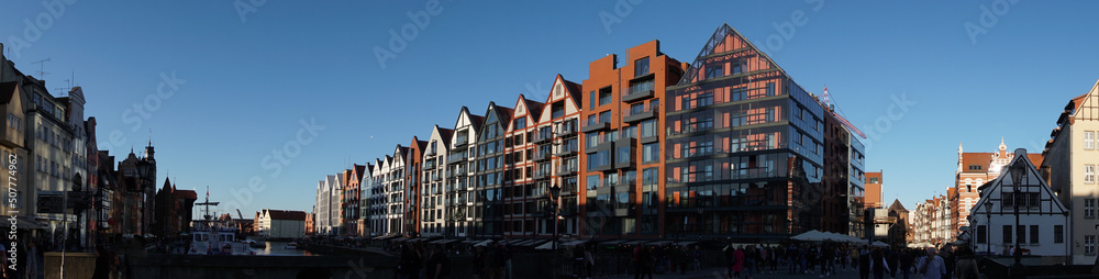 Panorama embankment Stare Misto town tourism leisure walks people European landscape Gdansk Poland