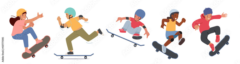 Set Boys and Girls Skateboarding Activity. Children Skating on Longboard, Jump and Make Stunts and Tricks on Skateboard