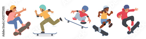 Set Boys and Girls Skateboarding Activity. Children Skating on Longboard, Jump and Make Stunts and Tricks on Skateboard