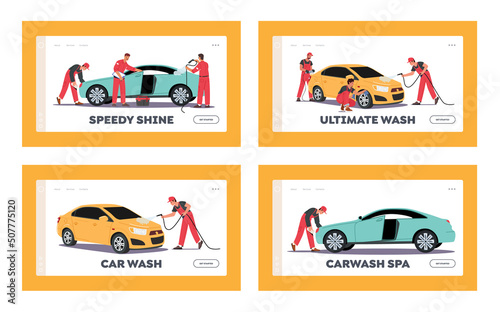 Car Wash Cleaning Service Landing Page Template Set. Company Employees Characters Working Process. Workers Wear Uniform