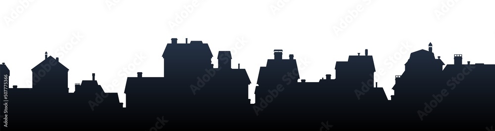 Suburban street silhouette Small city houses residential quarters. Horizontal seamless composition. Isolated on white background. Cityscape with buildings. Housing Vector