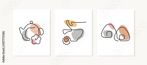 Asian restaurant posters. One line vector illustration. 