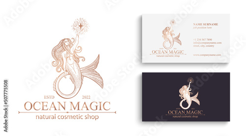 Mermaid logo. Brand template vector illustration. Siren and marine girl with a tail. Vintage Hand drawn vector illustration for logo and poster