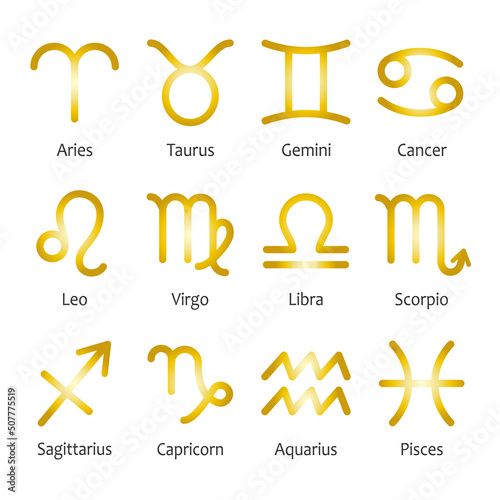 黄道12星座の金色のアイコン、英語