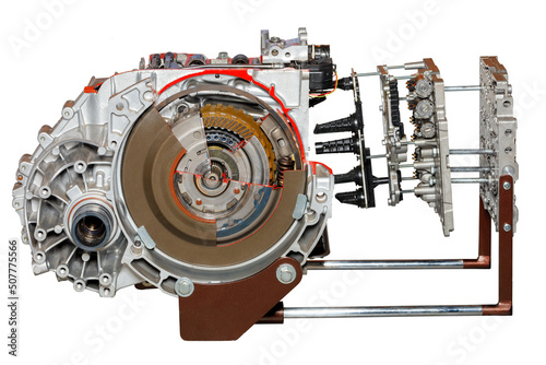 Automatic transmission of a modern car on an exhibition stand in a cut view. Iisolated on a white background.