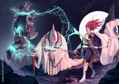 Illustration de fantaisie épique d'un magicien combattant un guerrier la nuit, art numérique, peinture photo