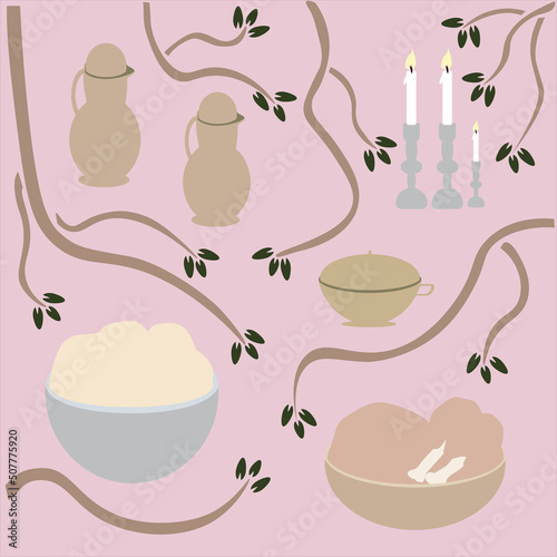 Three Shabbat candlesticks, challah dough, meat, purees and nectar The items are intended for an additional sacrifice in the Jewish Temple in Jerusalem. Floral background for lighting candles. vector
