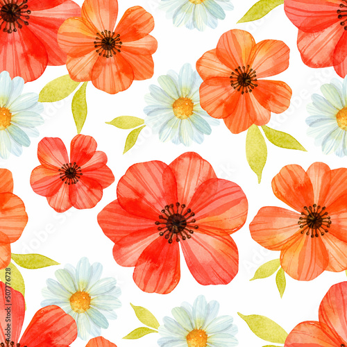 Red poppies and chamomiles with leaves watercolor seamless pattern 