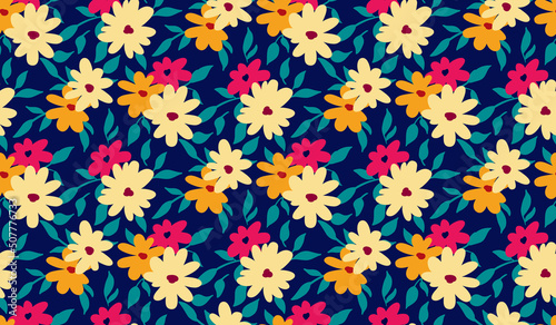 Simple modern design of botanical background, floral print with small bright flowers, leaves on a blue field. Seamless pattern with tiny hand drawn plants. Vector illustration.