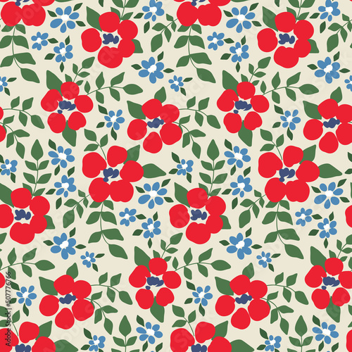 Seamless pattern with rustic meadow in retro style. Floral print, botanical background with red flowers, small wild plants, leaves on a light field. Vector illustration.