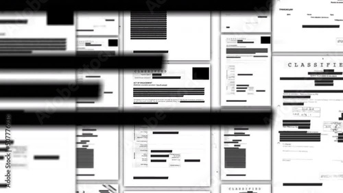 Black marker redacted document. Animation of erasing text of secret classified file using a black marker to censor. Illegal or secret activity information on paper documents being blacked redacted photo